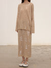 SWAYING 2025 Fall/Winter Collection: Beaded Alpaca Wool Sweater/Skirt Set SW-SW25AW3B05C1S2-XING (Floral design, beige color) Skirt (SW25AW1T07C1S4)